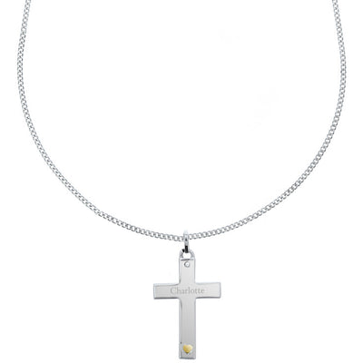Personalised Sterling Silver Cross with 9ct Gold Heart & CZ Necklace - Shop Personalised Gifts