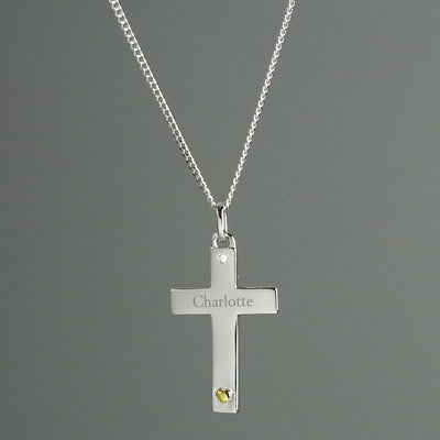 Personalised Sterling Silver Cross with 9ct Gold Heart & CZ Necklace - Shop Personalised Gifts