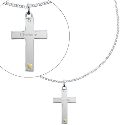 Personalised Sterling Silver Cross with 9ct Gold Heart & CZ Necklace - Shop Personalised Gifts