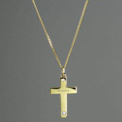 Personalised 9ct Gold Cross with Sterling Silver Heart & CZ Necklace - Shop Personalised Gifts