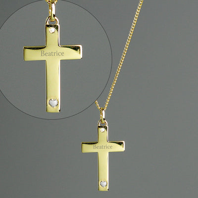 Personalised 9ct Gold Cross with Sterling Silver Heart & CZ Necklace - Shop Personalised Gifts