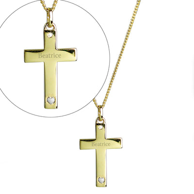 Personalised 9ct Gold Cross with Sterling Silver Heart & CZ Necklace - Shop Personalised Gifts