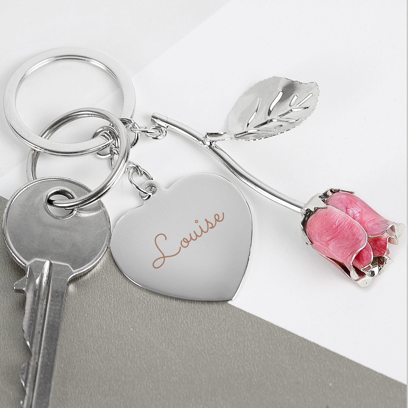 Personalised Silver Plated Name Pink Rose Keyring - Shop Personalised Gifts