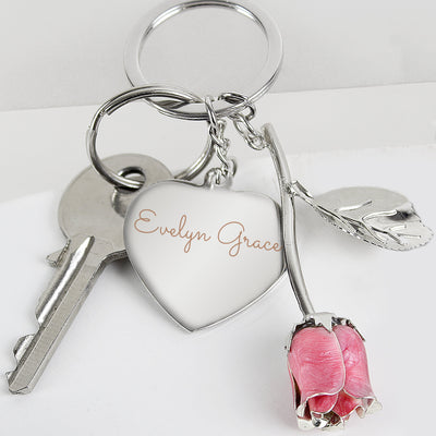 Personalised Silver Plated Name Pink Rose Keyring - Shop Personalised Gifts