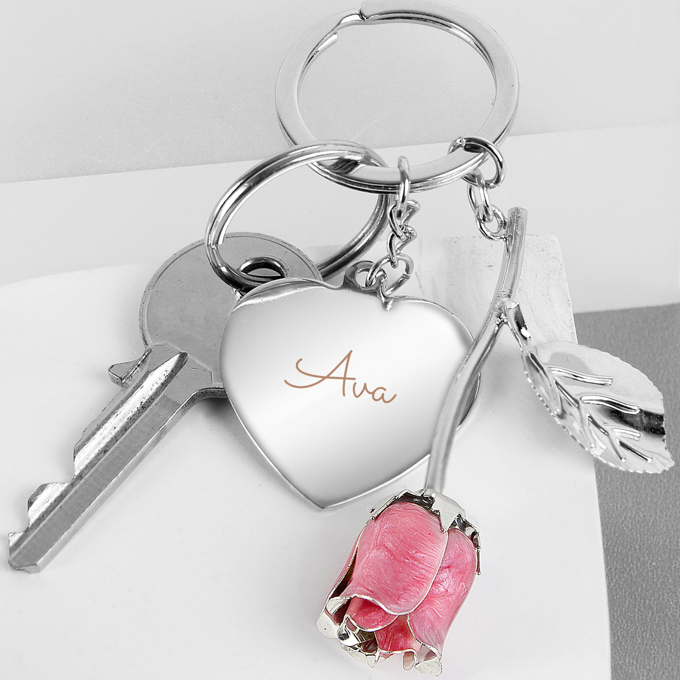 Personalised Silver Plated Name Pink Rose Keyring - Shop Personalised Gifts