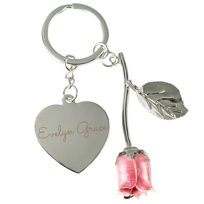 Personalised Silver Plated Name Pink Rose Keyring - Shop Personalised Gifts