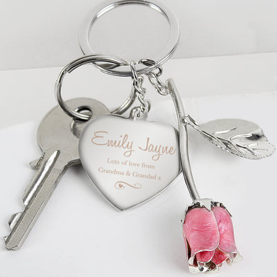 Personalised Silver Plated Swirls and Hearts Pink Rose Keyring - Shop Personalised Gifts