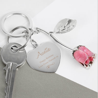 Personalised Silver Plated Swirls and Hearts Pink Rose Keyring - Shop Personalised Gifts