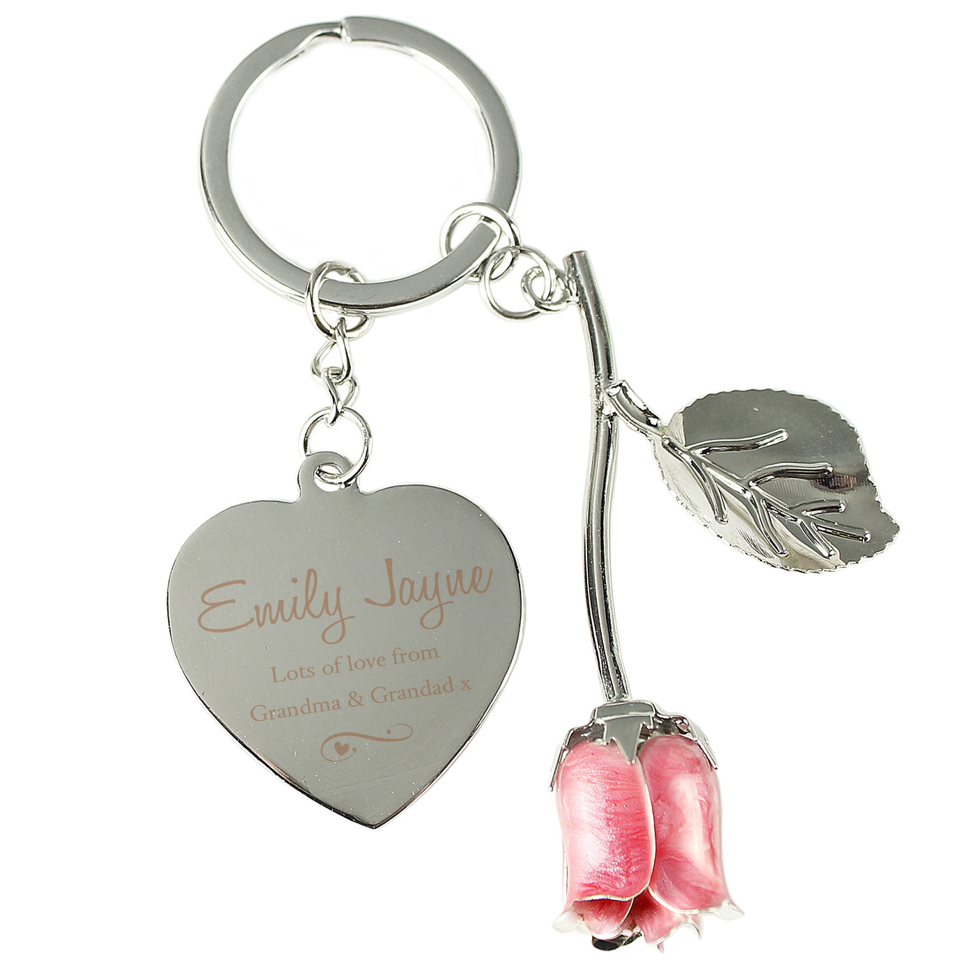 Personalised Silver Plated Swirls and Hearts Pink Rose Keyring - Shop Personalised Gifts