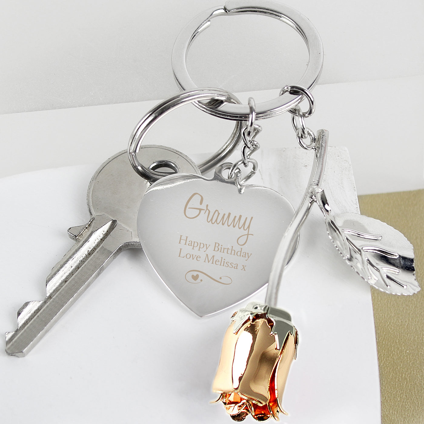 Personalised Silver Plated Swirls and Hearts Rose Gold Rose Keyring - Shop Personalised Gifts