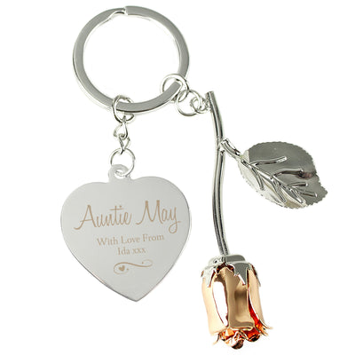 Personalised Silver Plated Swirls and Hearts Rose Gold Rose Keyring - Shop Personalised Gifts