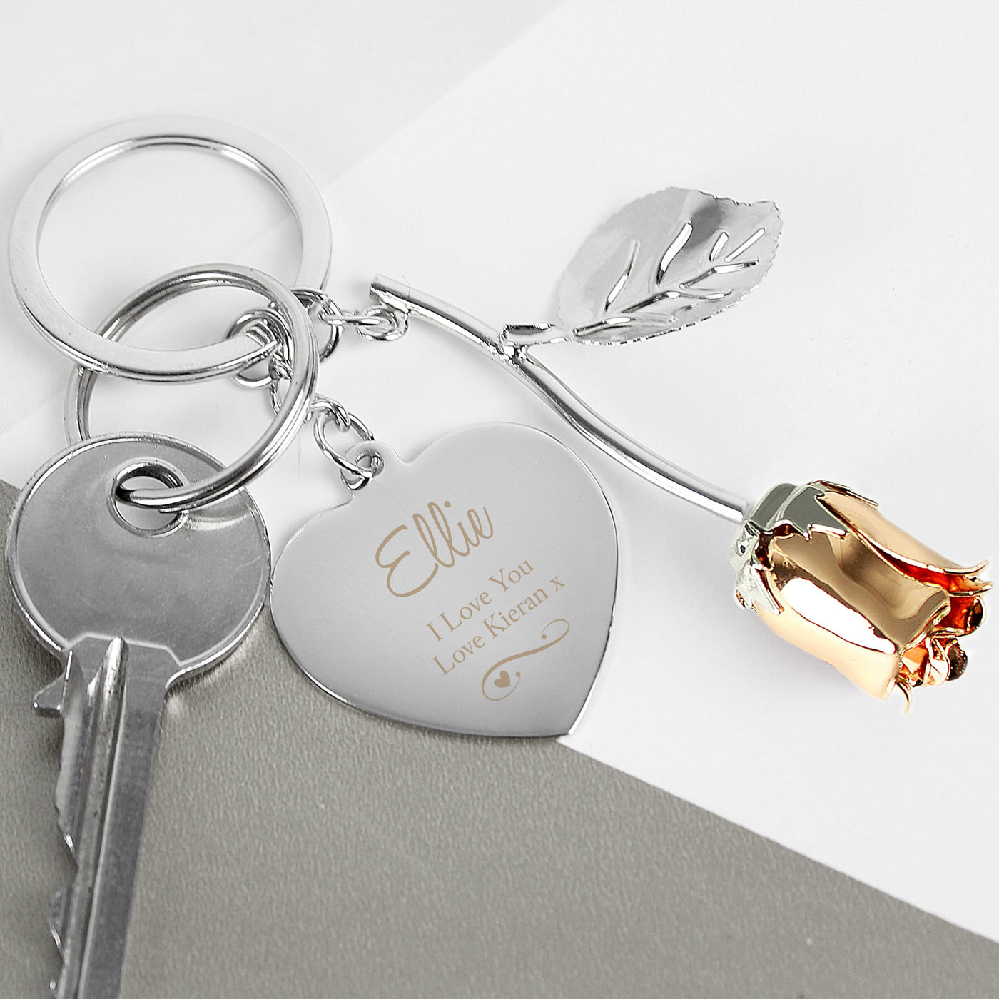 Personalised Silver Plated Swirls and Hearts Rose Gold Rose Keyring - Shop Personalised Gifts