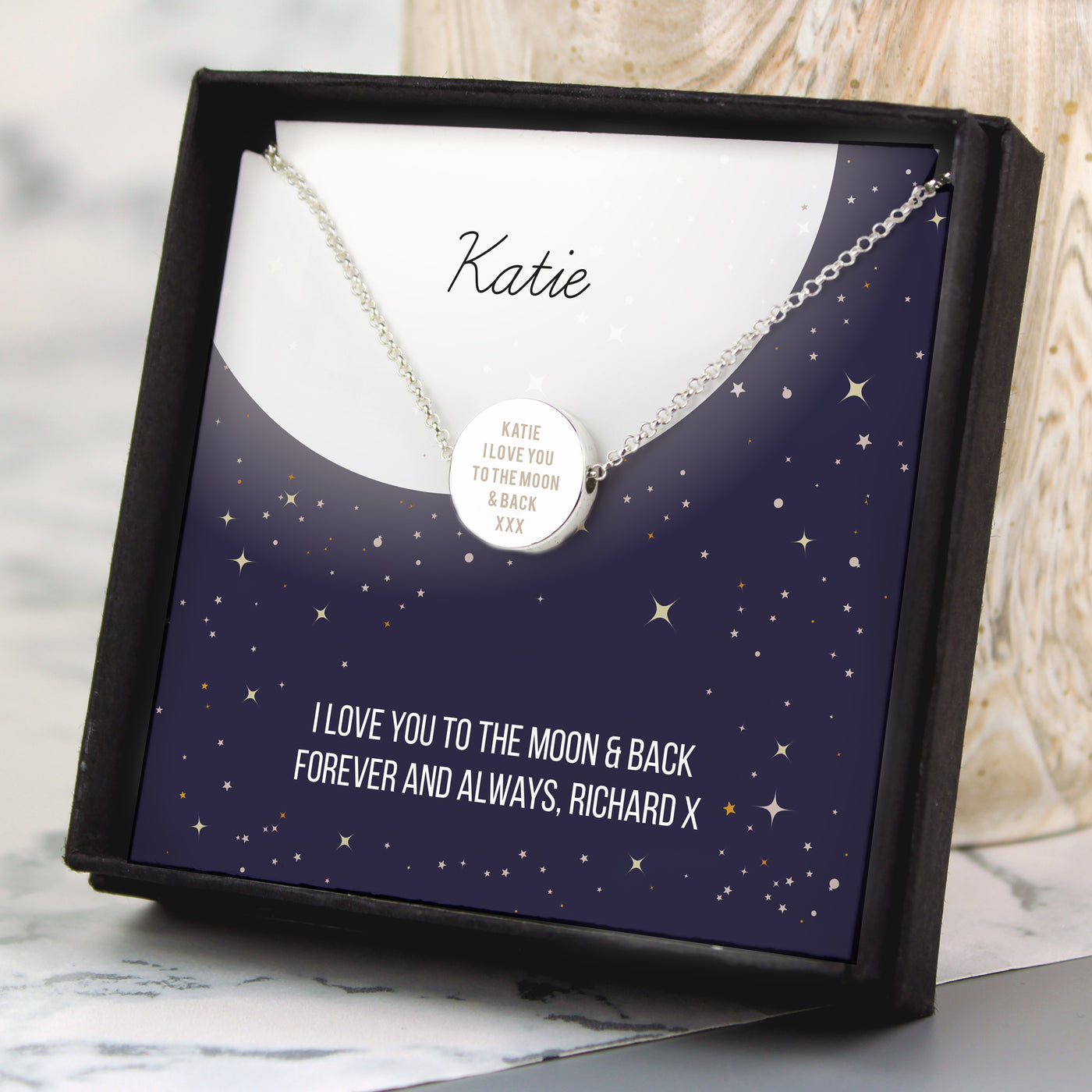 Personalised Silver Plated Sentiment Disc Necklace and Box