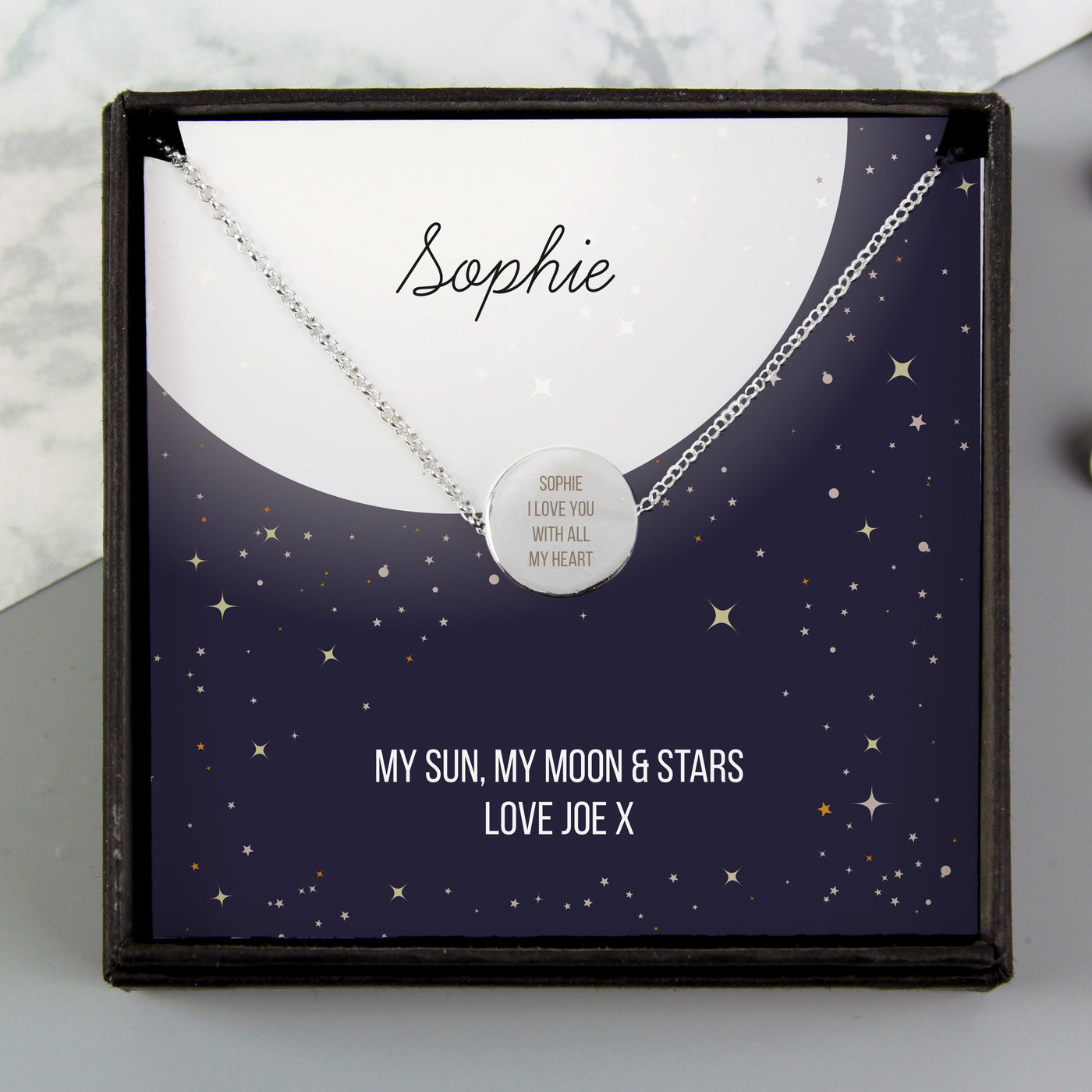 Personalised Silver Plated Sentiment Disc Necklace and Box