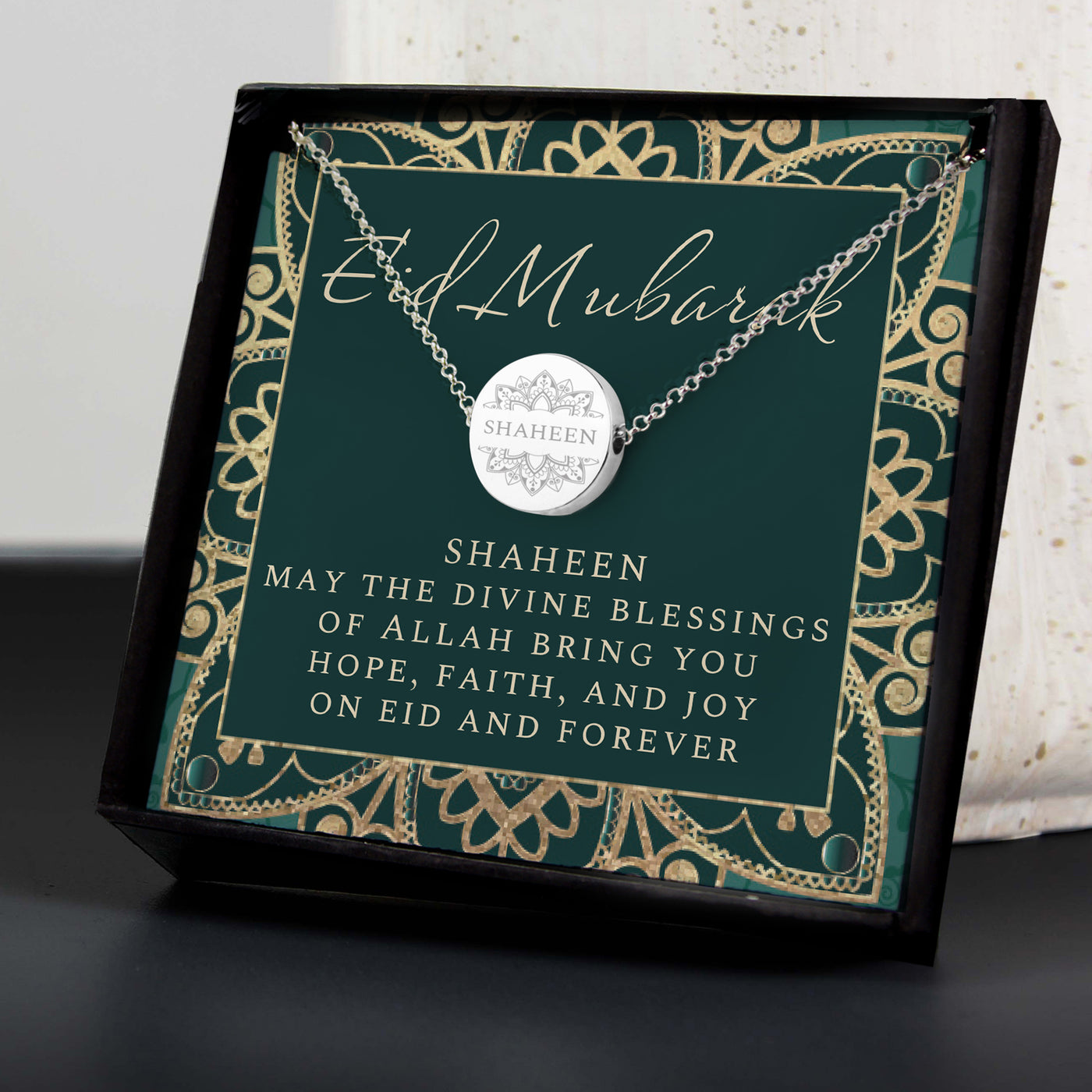 Personalised Sentiment Silver Plated Eid Disc Necklace and Box