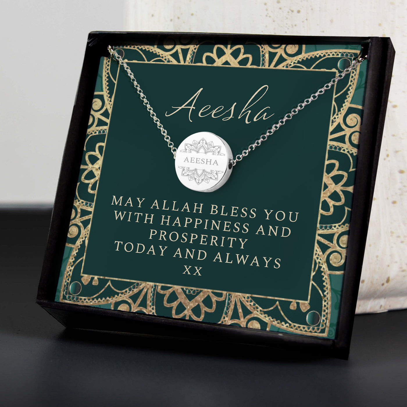 Personalised Sentiment Silver Plated Eid Disc Necklace and Box