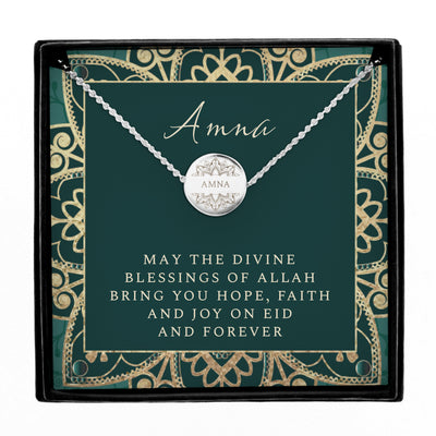 Personalised Sentiment Silver Plated Eid Disc Necklace and Box