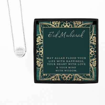 Personalised Sentiment Silver Plated Eid Disc Necklace and Box