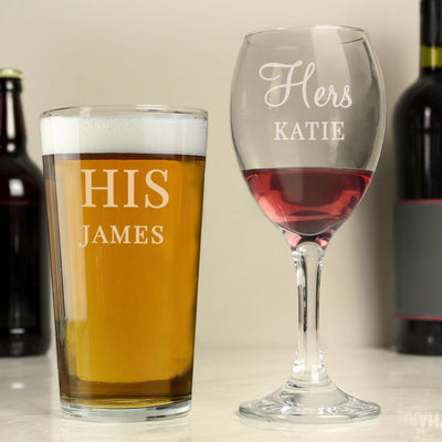 Personalised His & Her Pint and Wine Glass Set - Shop Personalised Gifts