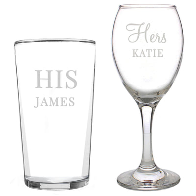 Personalised His & Her Pint and Wine Glass Set - Shop Personalised Gifts
