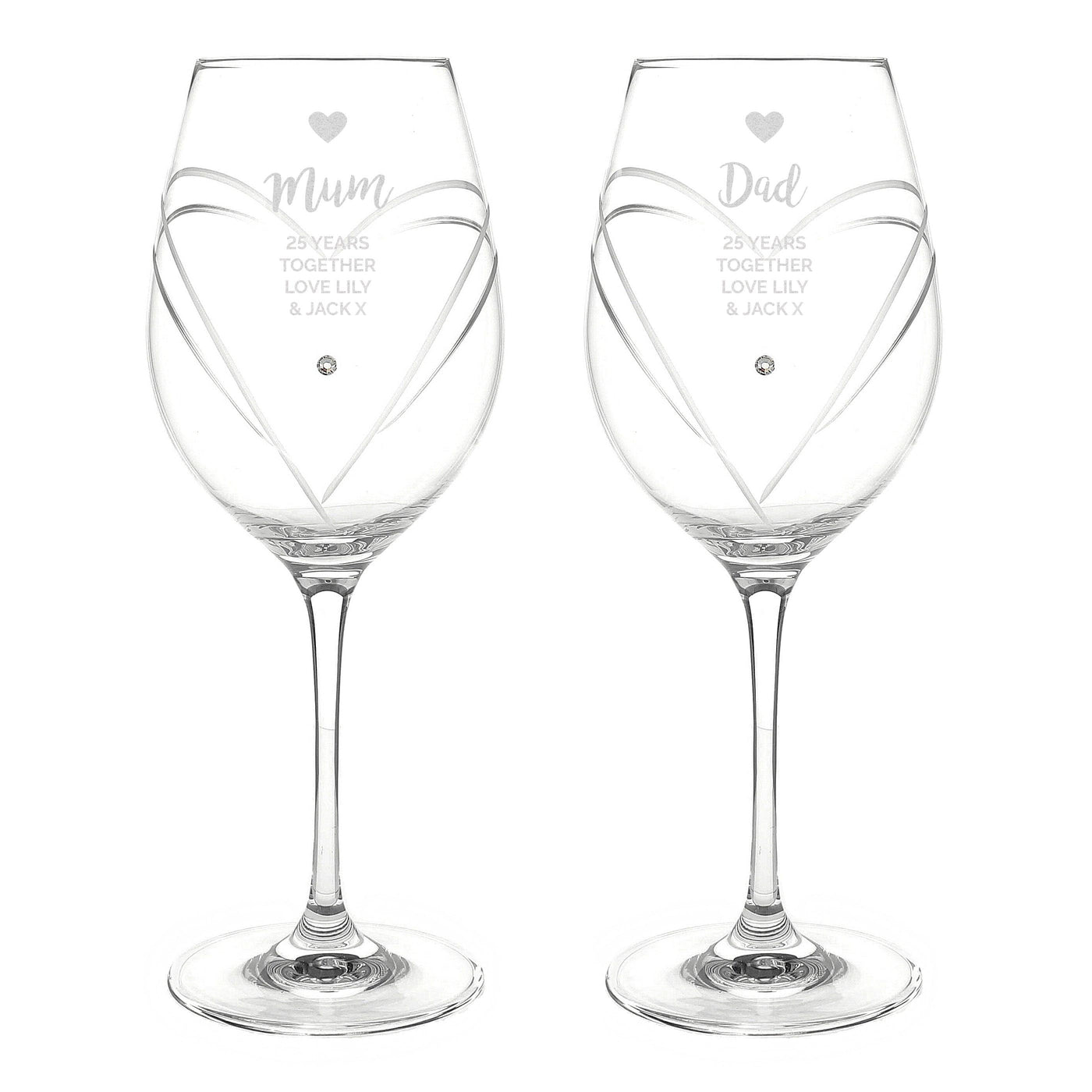 Personalised Free Text Hand Cut Heart Pattern Pair of Wine Glasses - Shop Personalised Gifts