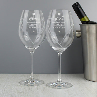 Personalised Free Text Hand Cut Heart Pattern Pair of Wine Glasses - Shop Personalised Gifts