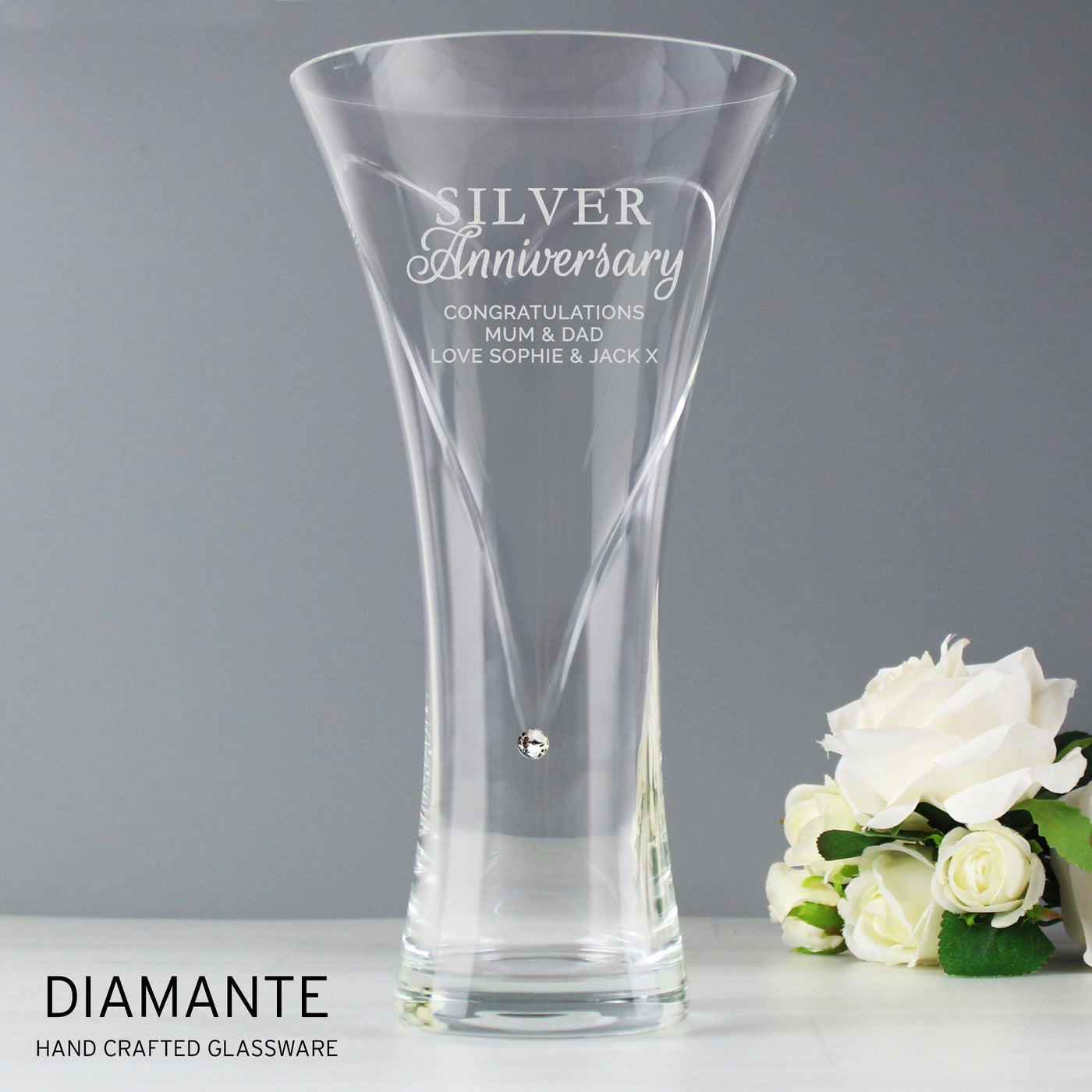 Personalised Silver Anniversary Large Hand Cut Diamante Heart Vase - Shop Personalised Gifts