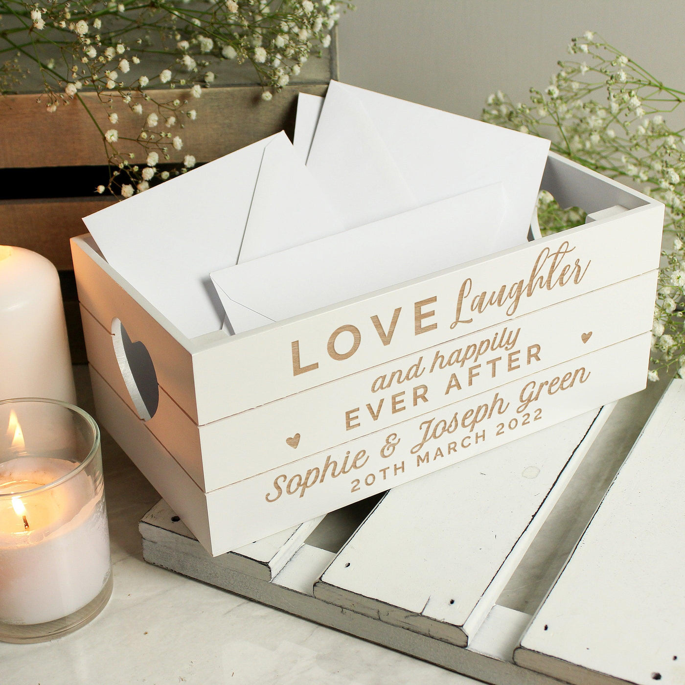 Personalised Love Laughter & ... White Wooden Crate - Shop Personalised Gifts