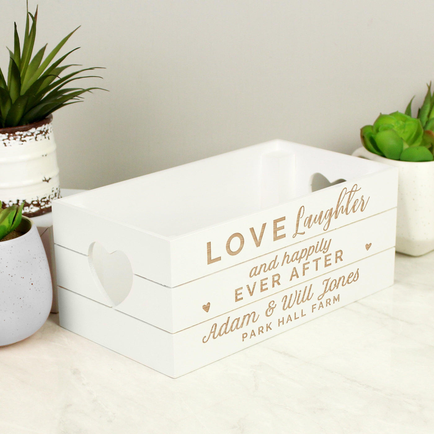 Personalised Love Laughter & ... White Wooden Crate - Shop Personalised Gifts