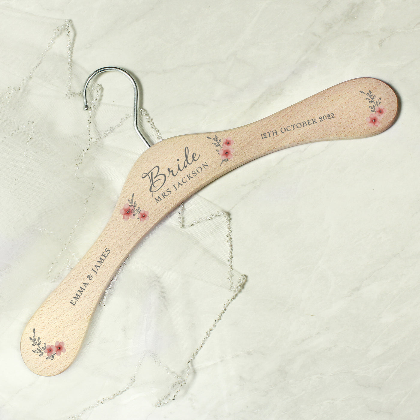 Personalised Pink Floral Wooden Hanger