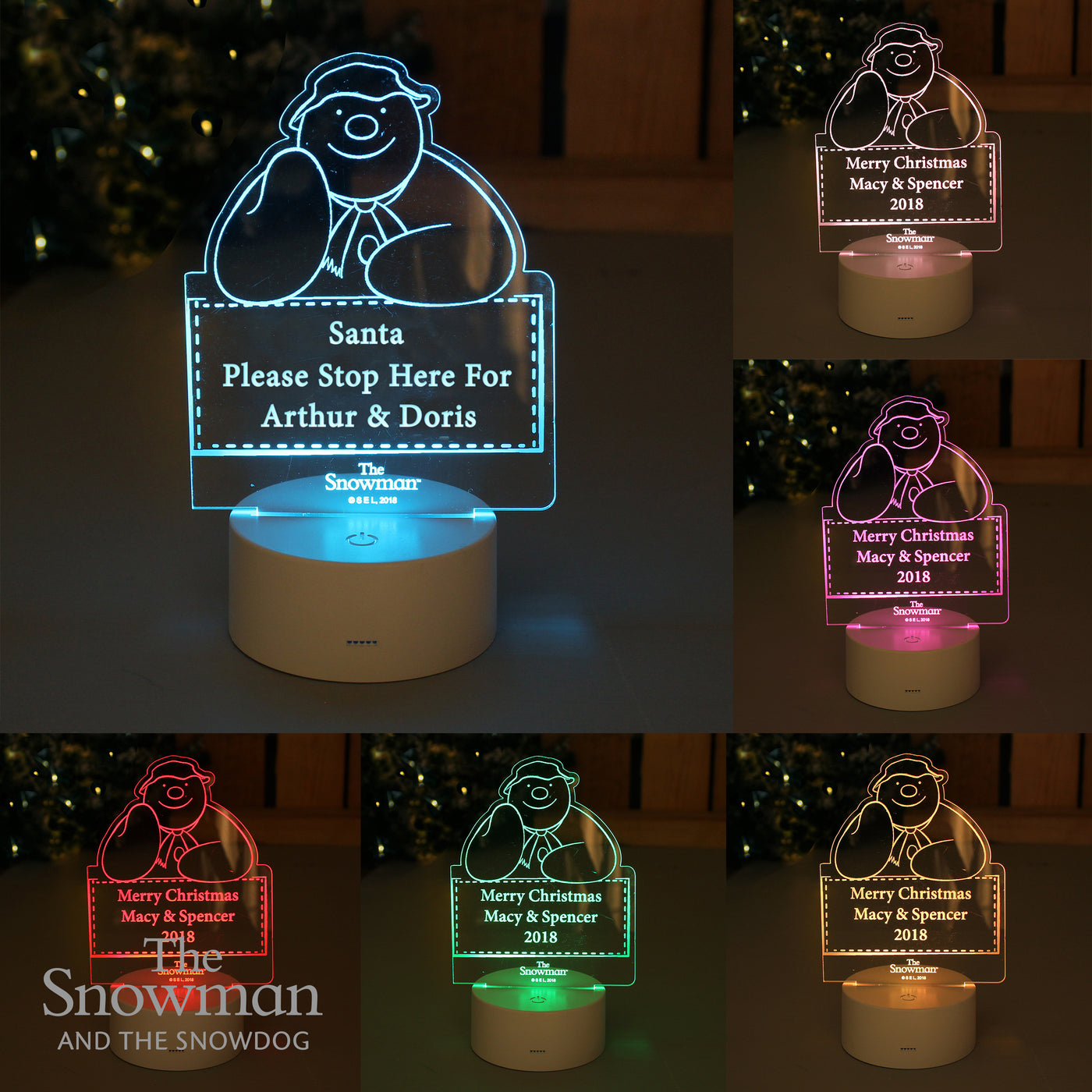 Personalised The Snowman and The Snowdog Colour Changing Decoration & LED Night Light