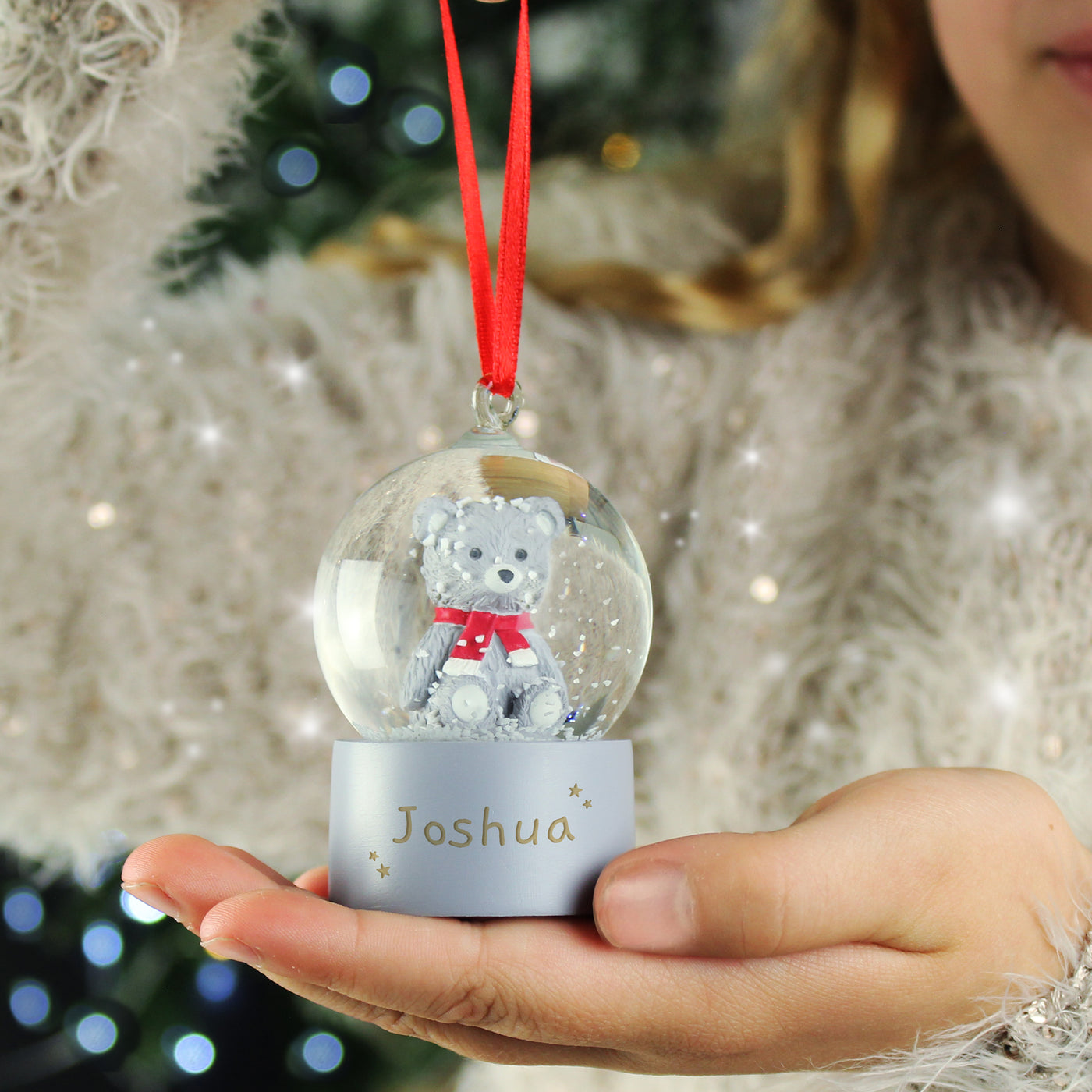 Personalised Name Only Teddy Bear Glitter Snow Globe Tree Hanging Decoration