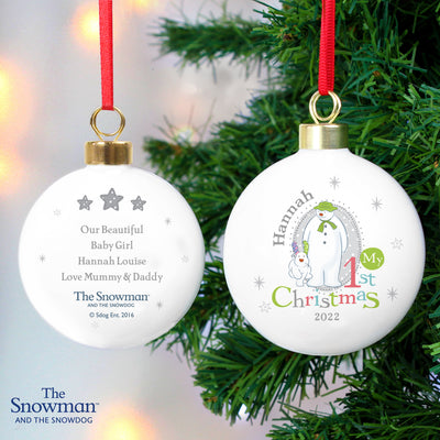 Personalised The Snowman and the Snowdog My 1st Christmas Pink Bauble