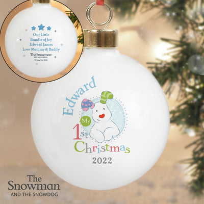 Personalised The Snowman and the Snowdog My 1st Christmas Blue Bauble