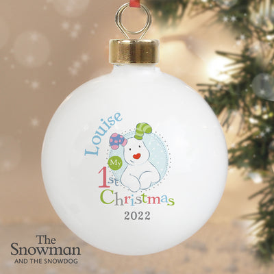 Personalised The Snowman and the Snowdog My 1st Christmas Blue Bauble