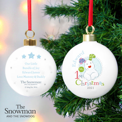 Personalised The Snowman and the Snowdog My 1st Christmas Blue Bauble