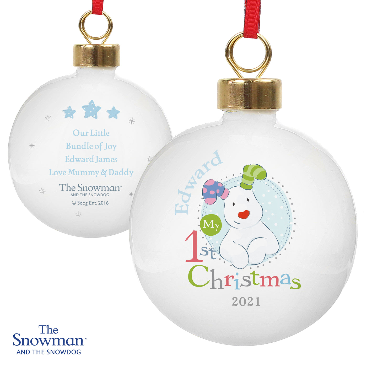 Personalised The Snowman and the Snowdog My 1st Christmas Blue Bauble