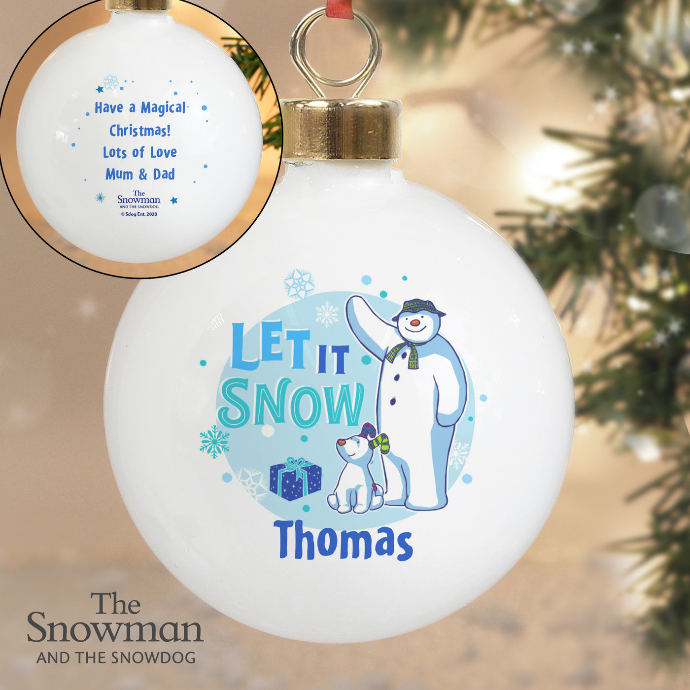 Personalised The Snowman and the Snowdog Blue Bauble