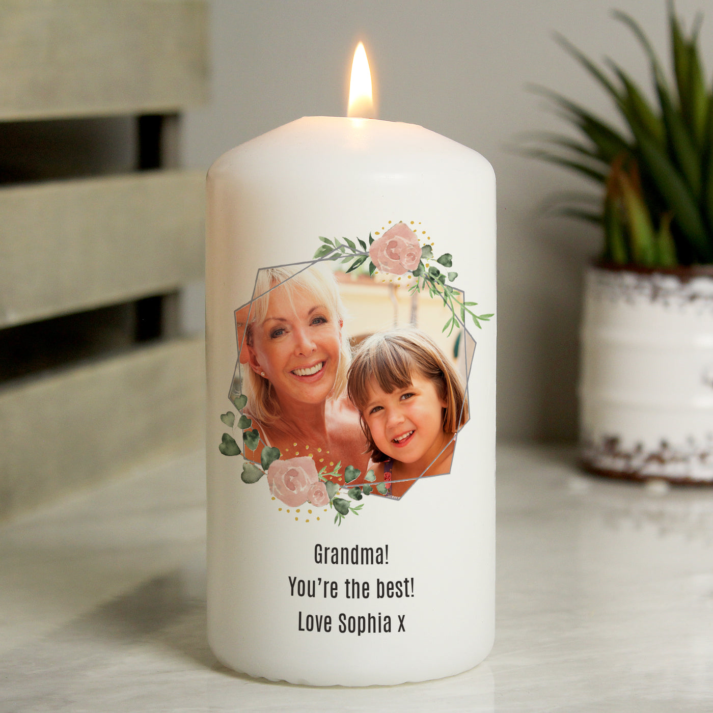 Personalised Floral Abstract Photo Upload Pillar Wax Candle