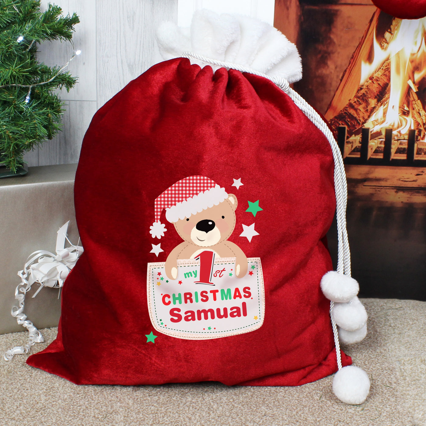 Personalised Pocket Teddy My 1st Christmas Luxury Pom Pom Sack - Shop Personalised Gifts