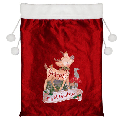 Personalised Festive Fawn Luxury Pom Pom Sack for Christmas - Shop Personalised Gifts