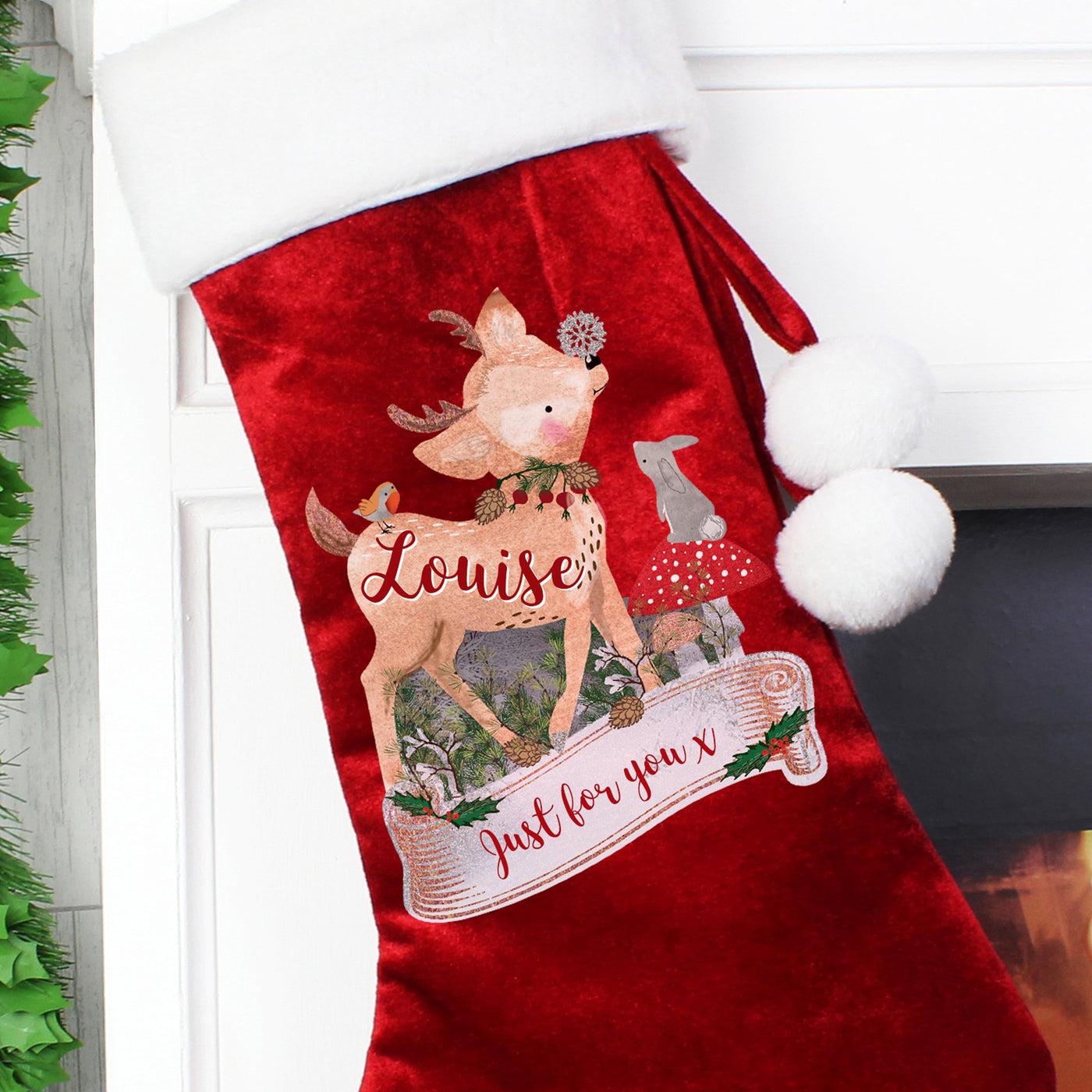 Personalised 1st Christmas Festive Fawn Luxury Stocking - Shop Personalised Gifts