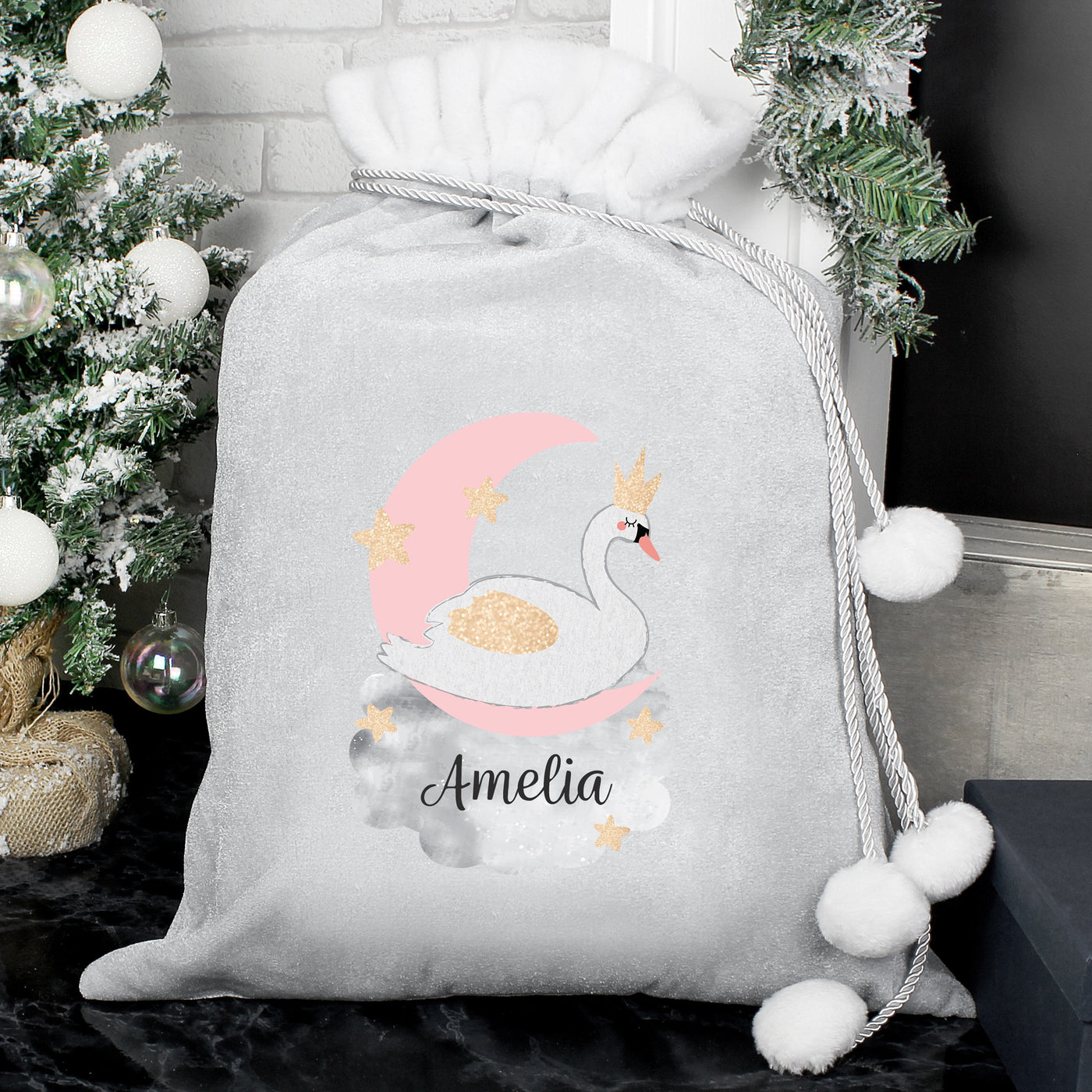 Personalised Swan Lake Christmas Luxury Silver Grey Pom Pom Sack - Shop Personalised Gifts