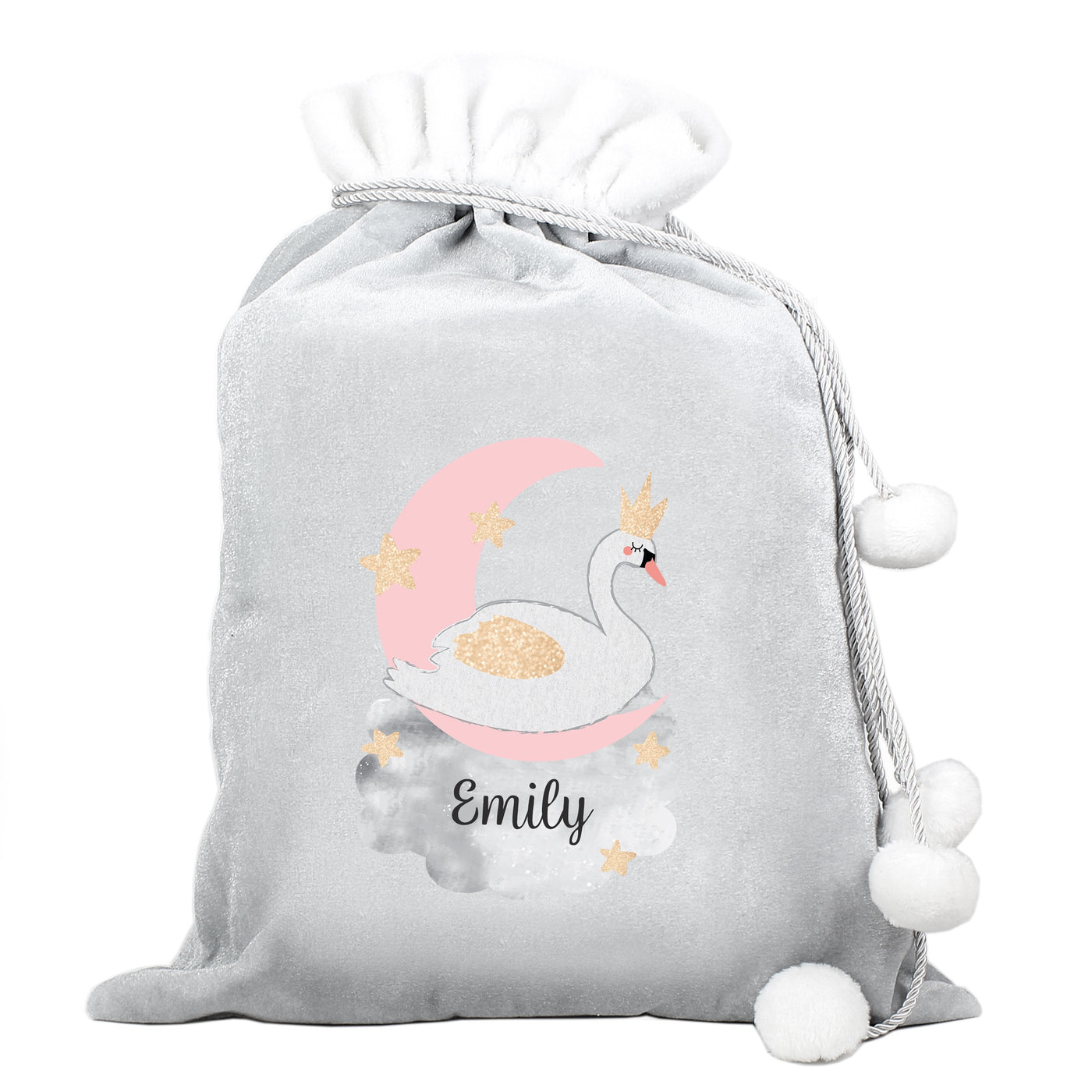 Personalised Swan Lake Christmas Luxury Silver Grey Pom Pom Sack - Shop Personalised Gifts