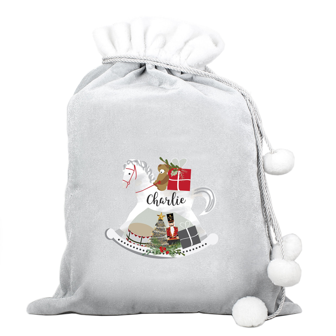 Personalised Christmas Rocking Horse Luxury Silver Grey Pom Pom Sack - Shop Personalised Gifts