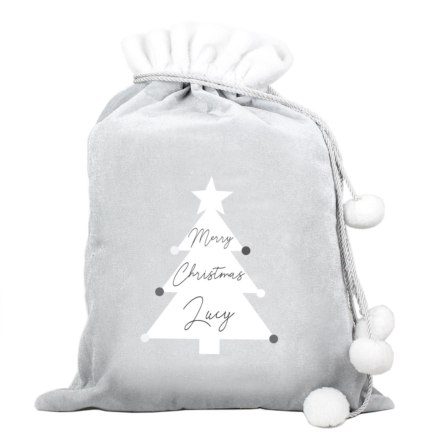 Personalised Christmas Tree Luxury Silver Grey Pom Pom Sack - Shop Personalised Gifts