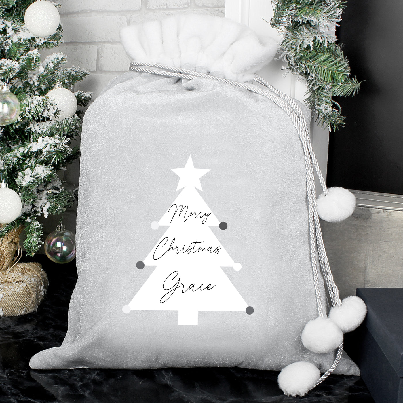 Personalised Christmas Tree Luxury Silver Grey Pom Pom Sack - Shop Personalised Gifts