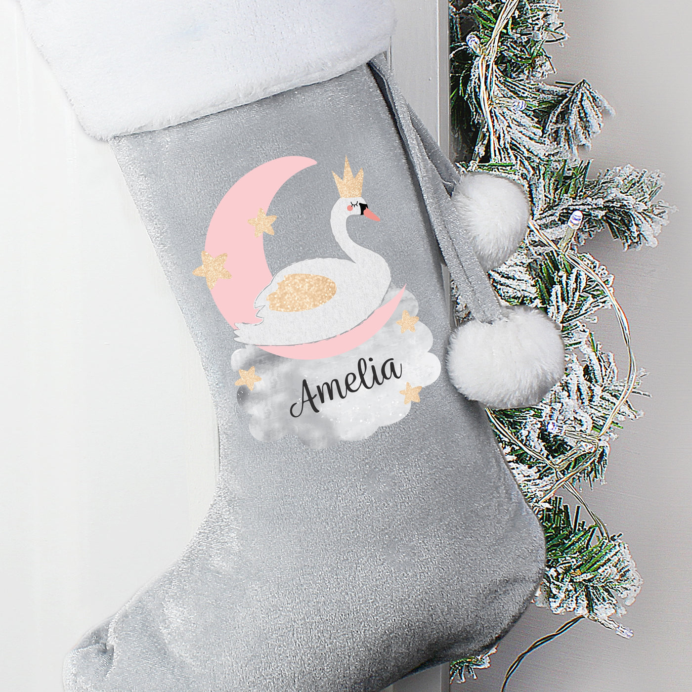 Personalised Swan Lake Luxury Silver Grey Christmas Stocking - Shop Personalised Gifts