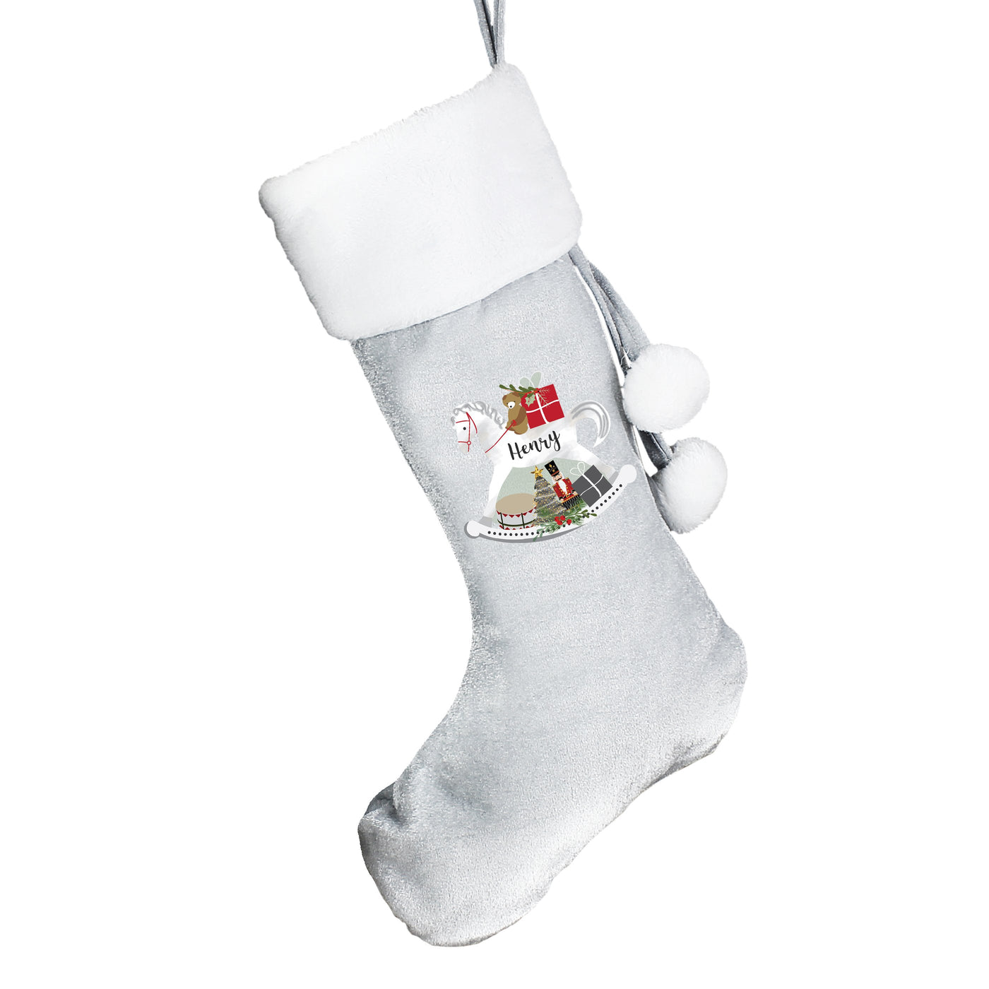 Personalised Rocking Horse Luxury Silver Grey Christmas Stocking - Shop Personalised Gifts