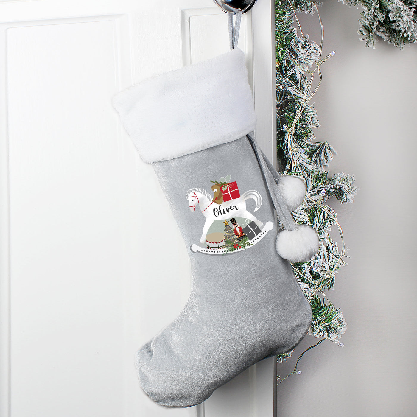 Personalised Rocking Horse Luxury Silver Grey Christmas Stocking - Shop Personalised Gifts